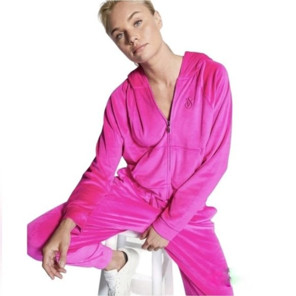 VICTORIA'S SECRET Hot Pink Velour cropped  Zip Up Hoodie Size XXL